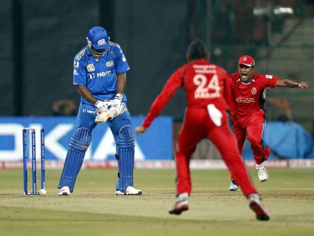Kieron Pollard of Mumbai Indians gets bowled out during the CLT20 match between Trinidad and Tobago and Mumbai Indians.