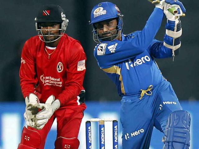 Harbhajan Singh of Mumbai Indians bats during the CLT20 match between Trinidad and Tobago and Mumbai Indians.