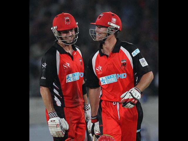 SAR batsmen Ferguson and Christian bat during the Champions League match between Kolkata Knight Riders and South Australian Redbacks.