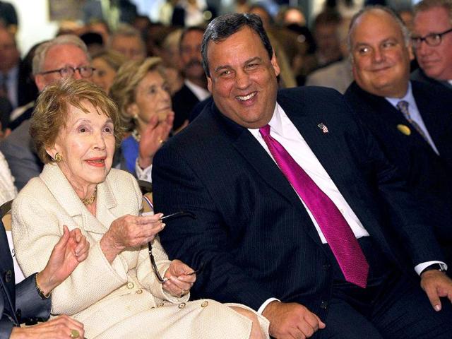 Former first lady Nancy Reagan (L) and Republican New Jersey governor Chris Christie sit together before Christie's speech at the Ronald Reagan Presidential Library and Museum in Simi Valley, California.