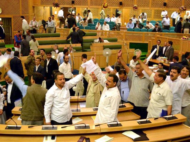 Members in Jammu and Kashmir assembly creating an uproar over the mercy plea of Parliament House convict Afzal Guru soon after the House met.
