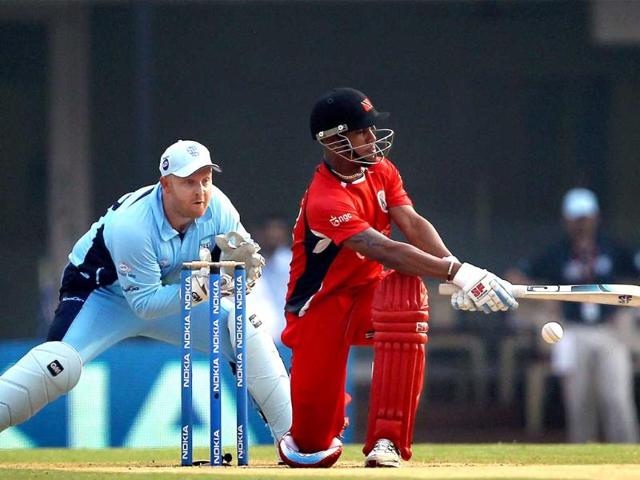 Trinidad & Tobago player Lendl Simmons plays a shot during the Champions League T20 match against New South Wales Blues in Chennai.