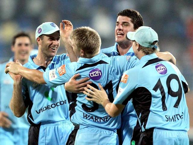 New South Wales Blues' skipper Simon Katich along with teammates celebrating their victory over Trinidad & Tobago on the Super Over during the Champions league T20-2011 match in Chennai.