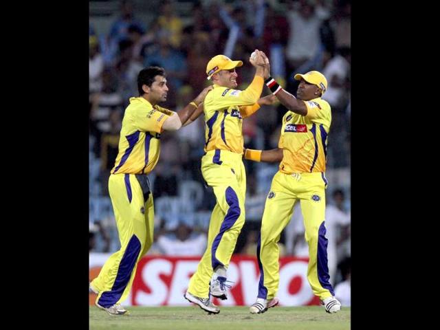 Chennai Super Kings team celebrate after the dissmisal of Herschelle Gibbs during the CLT20 match between Chennai Super Kings and Cape Cobras at Chidambaram Stadium in Chennai.