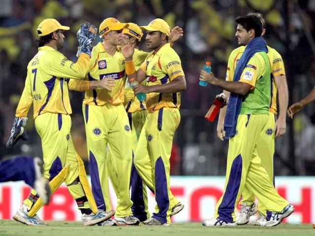 Chennai Super Kings celebrate after the dissmisal of JL Ontong during CLT20 match between Chennai Super Kings and Cape Cobras at Chidambaram Stadium in Chennai.
