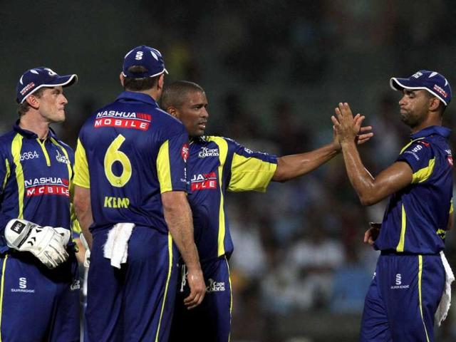 Cape Cobras team celebrate after the dissmisal Murli Vijay during CLT20 match between Chennai Super Kings and Cape Cobras at Chidambaram Stadium in Chennai.