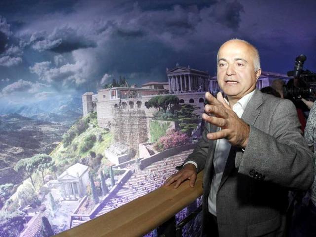 Artist Yadegar Asisi who created the 'Pergamon - Panorama of the Ancient Metropolis' 360 degrees panorama for an exhibition by the Collection of Classical Antiquities - National Museum poses for the media in Berlin. The condensed scenes depicted in Asisi panorama are 30 metres in height and 100 metres in length showing natural landscapes and the acropolis in Pergamon in the year 129 AD.