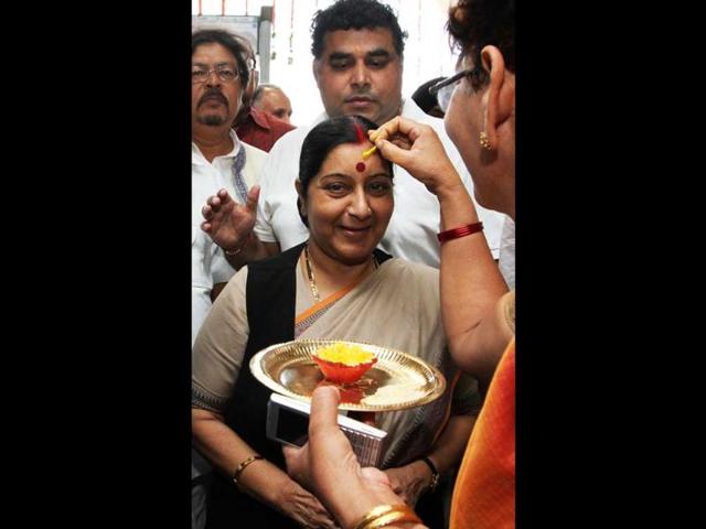 BJP leader Sushma Swaraj arrives during national executive committee meeting of BJP in New Delhi.