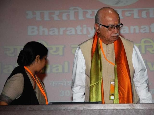 Senior BJP leaders L K Advani and Sushma Swaraj at the Party's National Executive Meeting in New Delhi.