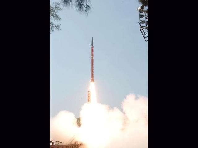 Agni II missile, the pride of India's strategic arsenal, being successfully launched from the Wheeler Island off Orissa Coast.