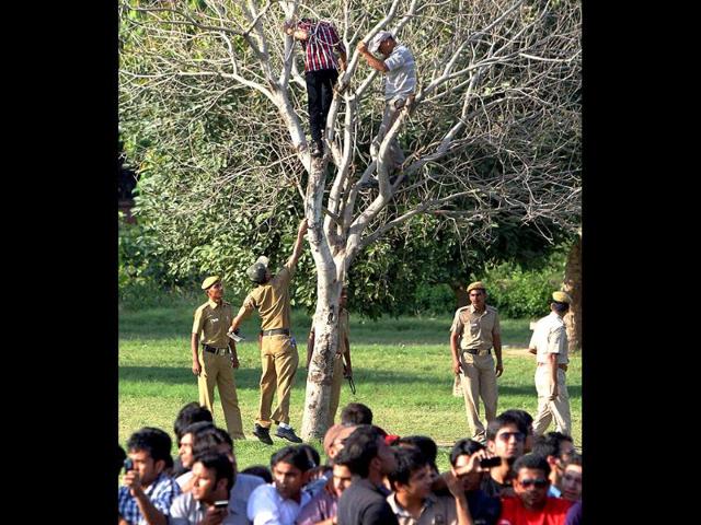 Policemen trying to bring down the enthusiasts who climbed a tree to get a view of the performance of Formula One racer Daniel Ricciardo at Rajpath in New Delhi.