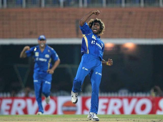 Mumbai Indians bowler Lasith Malinga celeberates after the dismissal of New South Wales Blues batsman Simon Katich during the CLT20 match in Chennai.