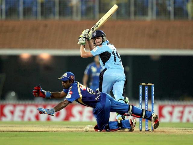 New South Wales Blues batsman Steven Simth in action during the CLT20 match against Mumbai Indians at Chidambaram Stadium in Chennai.