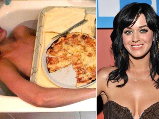 Katy Perry posted a naked pic from the bathtub. Recovering from the flu, she tweeted an explanation of the pizza: "Why is it that after not eating for three days all I can think of is food...food is smiling at me...luring me with sexual seduction."