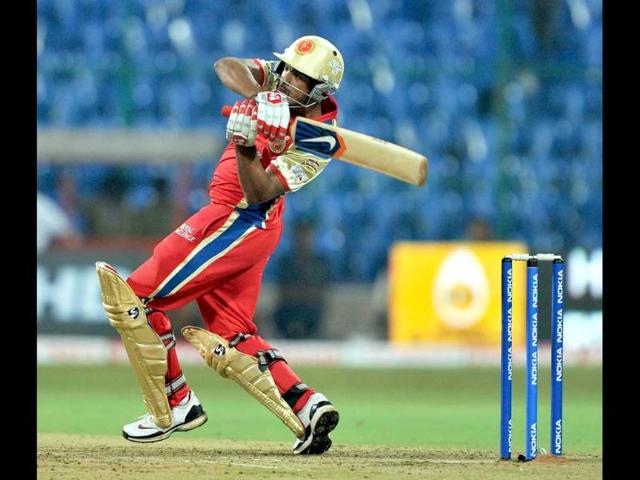 Mayank Agarwal plays a shot during the Champions League Twenty20 League cricket match between Royal Challengers Bangalore and Somerset at the M Chinnaswamy Stadium in Bangalore.