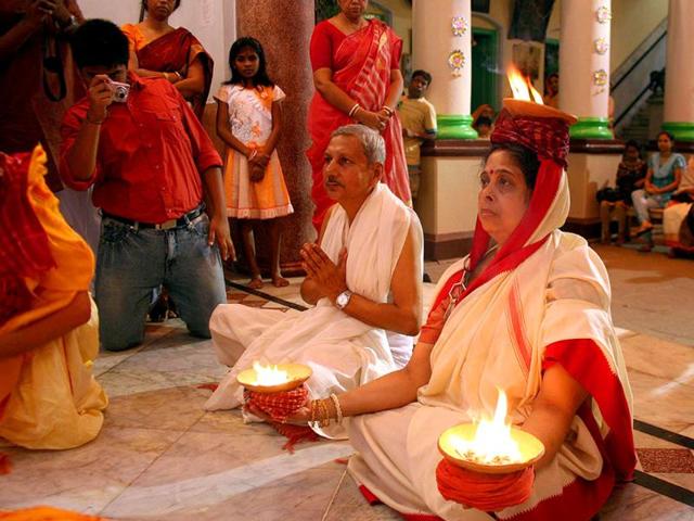 Traditional Durga Puja being performed on Maha Asthami in north Kolkata.