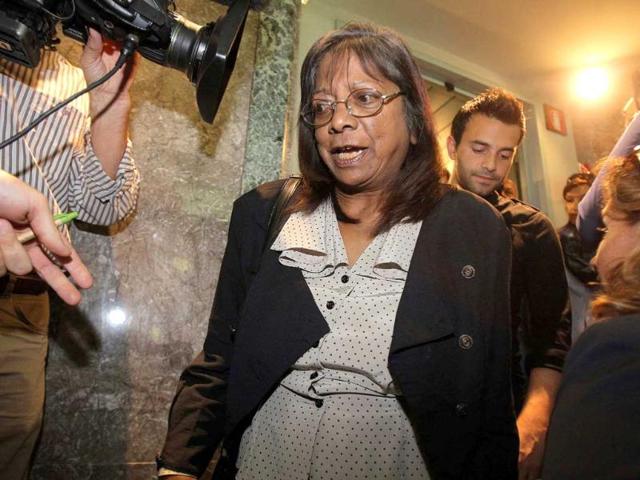 Arline, mother of British student Meredith Kercher, arrives for a news conference in Perugia.