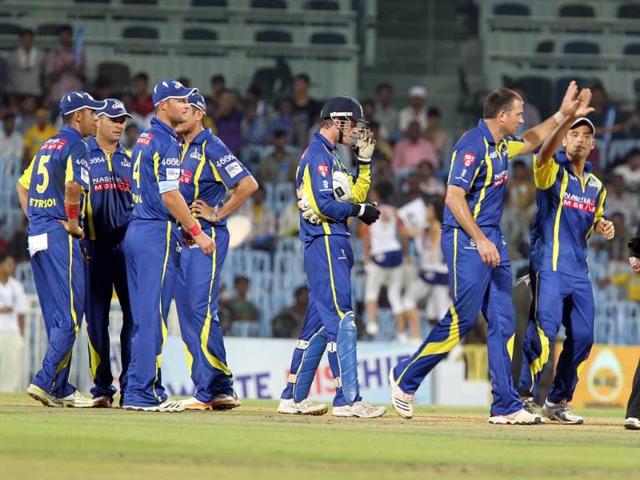 Cape Cobras team celebrate the dismissal of Daren Ganga of Trinidad and Tobago by Justin Kemp during their Champions League Trophy T20 cricket match at MA Chidambaram Stadium in Chennai.