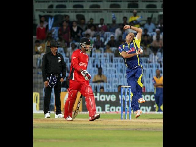 Darren Bravo of Trinidad and Tobago watches as Cape Cobras bowler during their Champions League Trophy T20 cricket match at MA Chidambaram Stadium in Chennai.