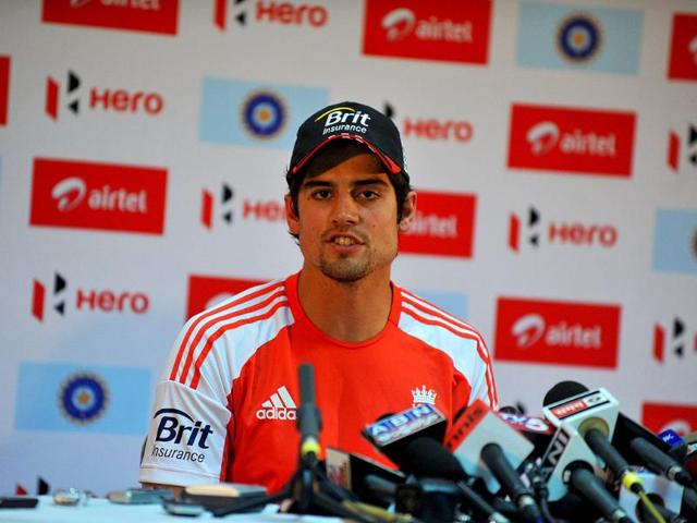 England's captain Alastair Cook speaks during a press conference at Rajiv Gandhi International Stadium in Hyderabad.