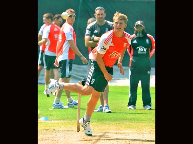 England's Scott Borthwick bowls during a practise session at Rajiv Gandhi International Stadium in Hyderabad.