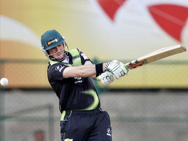 Warriors batsman Jon-Jon Smuts plays a shot during the Champions League Twenty20 cricket match against Somerset in Bangalore.