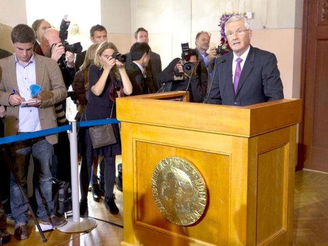 Norwegian Nobel Committee chairman Thorbjoern Jagland announces Liberian President Ellen Johnson Sirleaf, Liberian peace activist Leymah Gbowee and Tawakkul Karman of Yemen as the recipients of the 2011 Nobel Peace prize in Oslo, Norway.