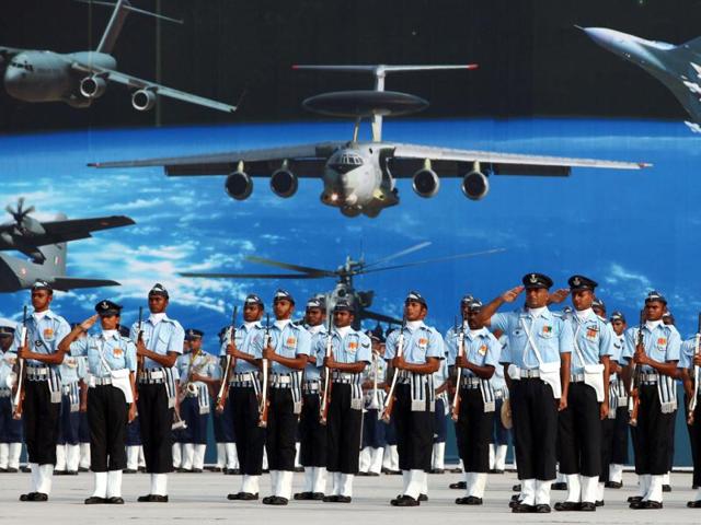 Indian Air Force's Air warrior during Air Force Day parade at Air Force Station Hindon in Ghaziabad on the outskirts of New Delhi on Saturday.