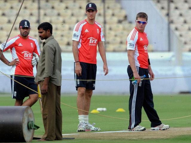 England players before a practice match against Hyderabad Cricket Association (HCA) XI at Rajiv Gandhi International Stadium, Uppal in Hyderabad.