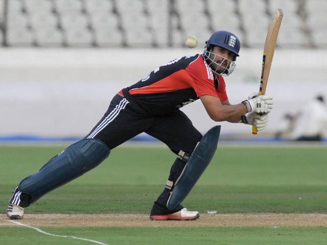 England cricketer Ravi Bopara plays a shot during a practice match against Hyderabad XI at The Rajiv Gandhi International Stadium in Hyderabad.