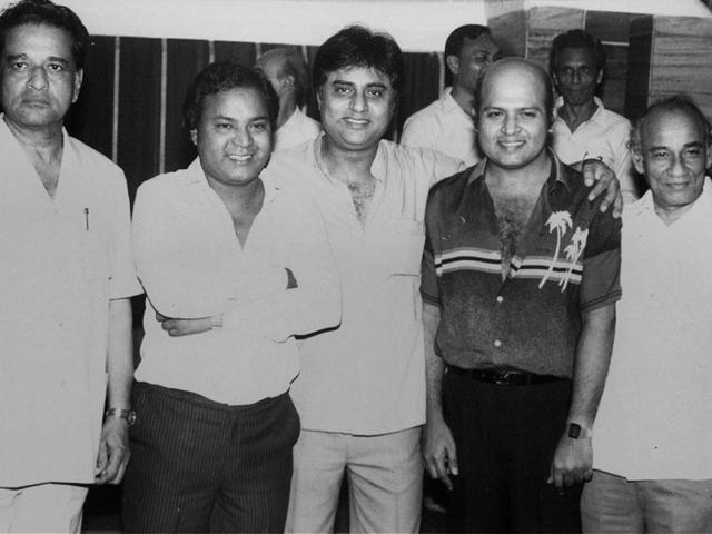 A file photo of renowned ghazal singer Jagjit Singh with producer-director J Om Prakash, singer Mohmmed Aziz, music director Rajesh Roshan and lyricist Indeever.