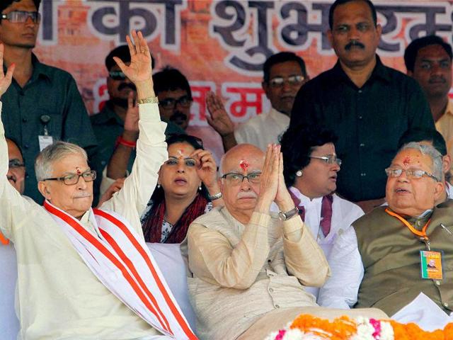 Senior BJP leader LK Advani with party leaders MM Joshi and Kalraj Mishra at a public meeting during his "Jan Chetna Yatra" in Varanasi.