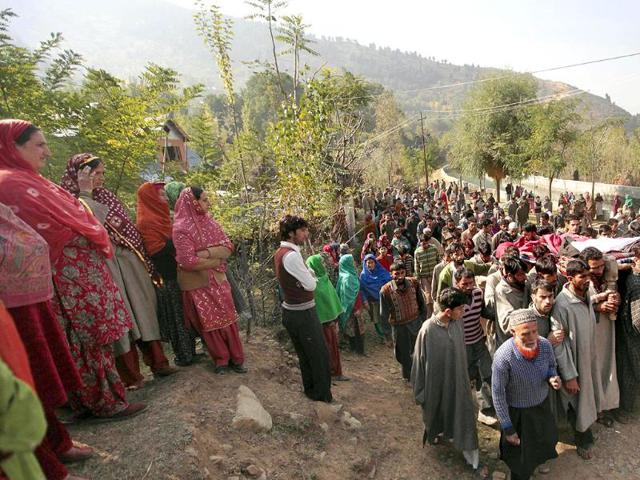 Kashmiri villagers carry the body of suspected militant Altaf Khan during his funeral procession in Veripatchi about 40 kilometers (25 miles) northeast of Srinagar.