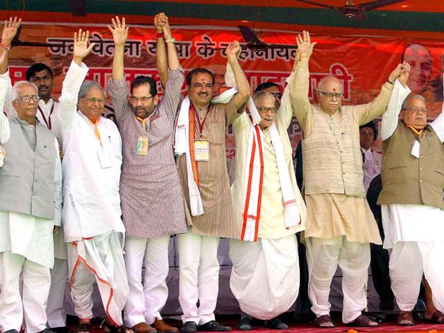 Senior BJP leader L K Advani with party leaders M. M. Joshi, Kalraj Mishra, Surya Pratap Shahi, Ananth Kumar, Ravishankar Prasad, Mukhtar Abbas Naqvi and others at a public meeting during his "Jan Chetna Yatra" in Varanasi.