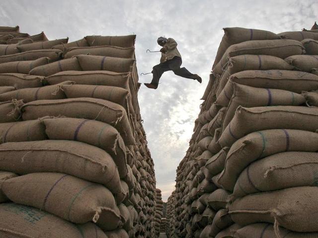 A worker leaps over stacked sacks of paddy at a wholesale grain market in Chandigarh.