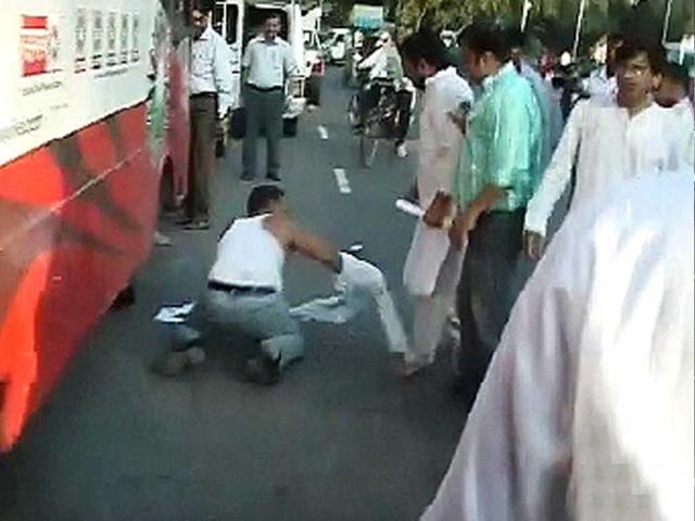 TV grab of the clash between Sri Ram Sene activists and Anna Hazare's supporters in New Delhi.