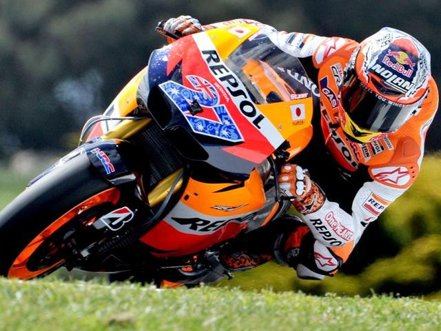 Casey Stoner of Australia races his Honda during the third practice session for the Australian Grand Prix motorcycling MotoGP race at Phillip Island.