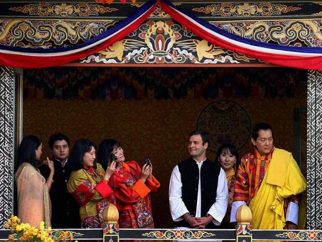 AICC General Secretary Rahul Gandhi and MoS Jyotiraditya Scindia with former King of Bhutan Jigme Dorji Wangchuck during wedding reception of King Jigme Khesar Namgyel Wangchuk and Queen Jetsun Pema at the Chang Lime Thang Stadium at Thimpu.