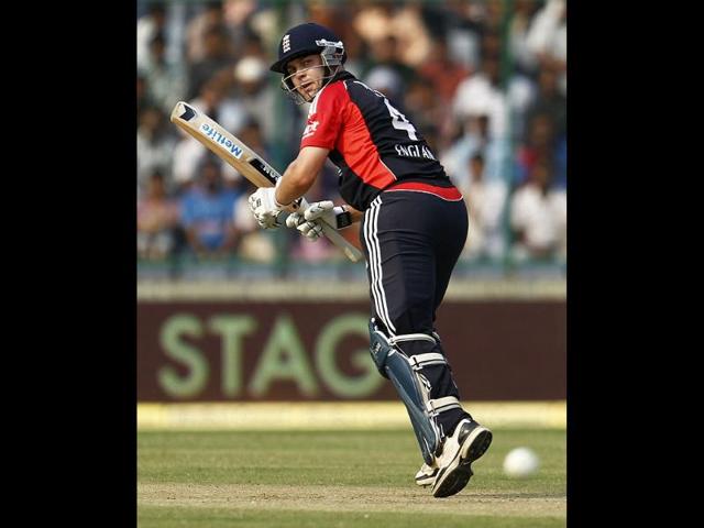 England's Jonathan Trott hits a shot during their second one-day international cricket match against India in New Delhi.