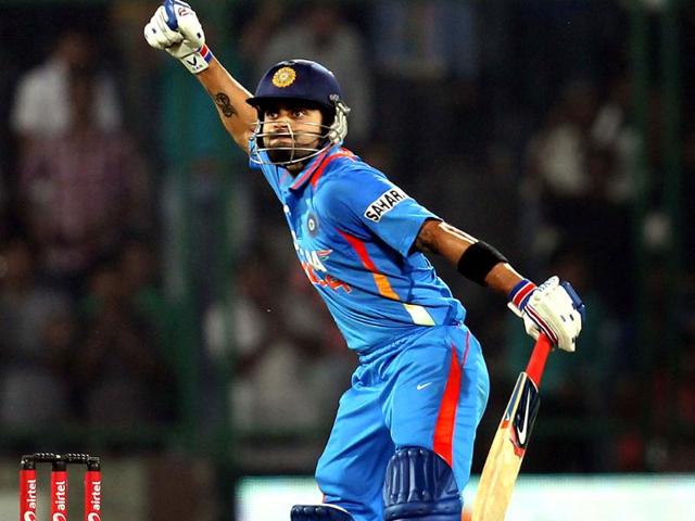 Virat Kohli reacts after winning the the 2nd ODI against England at Ferozshah Kotla ground in New Delhi.