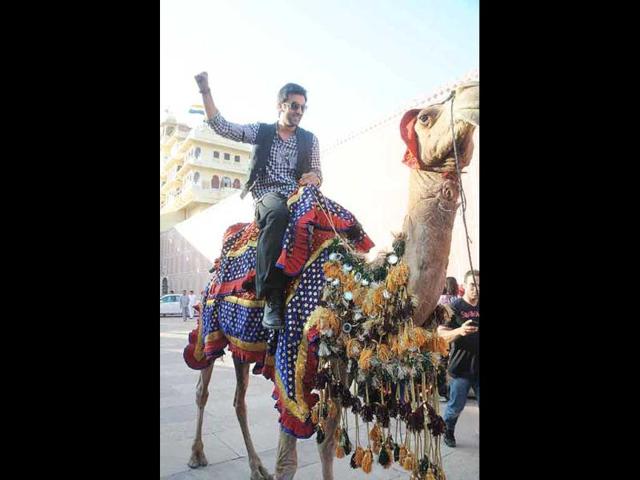 Ranbir looks happy on the camel.