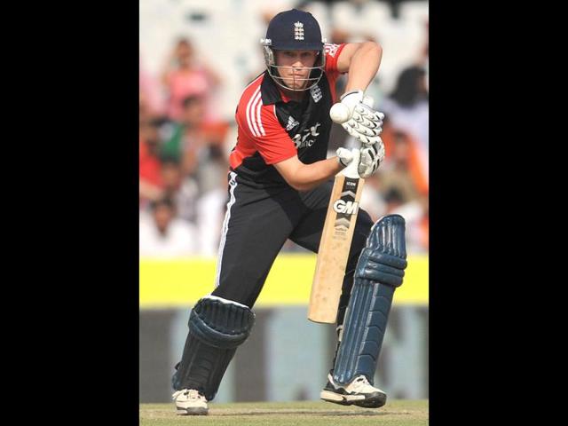 England cricketer Jonathan Trott plays a shot during the third One day International at The Punjab Cricket Association (PCA) stadium in Mohali.
