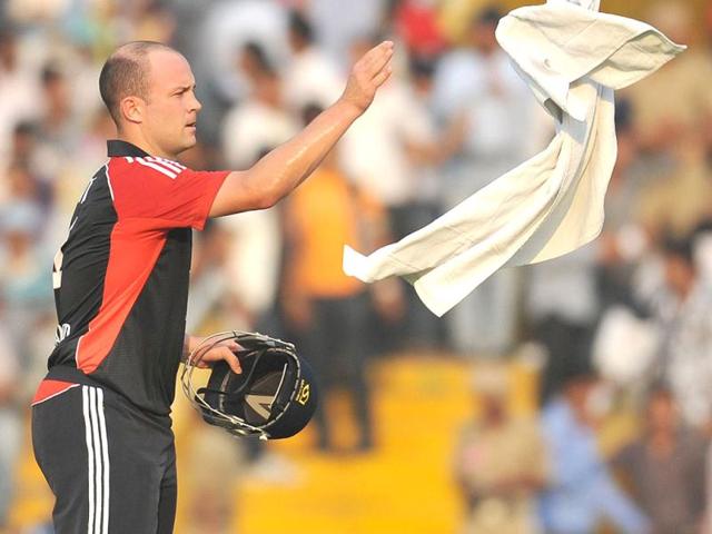 England cricketer Jonathan Trott throws a towel during the third one day international cricket match between India and England at The Punjab Cricket Association (PCA) Stadium.