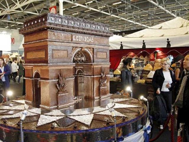 An triumph arch-shaped chocolate is displayed at a stand of the 17th Salon du Chocolat (chocolate fair) in Paris. The event runs until October 24, 2011. (AFP)