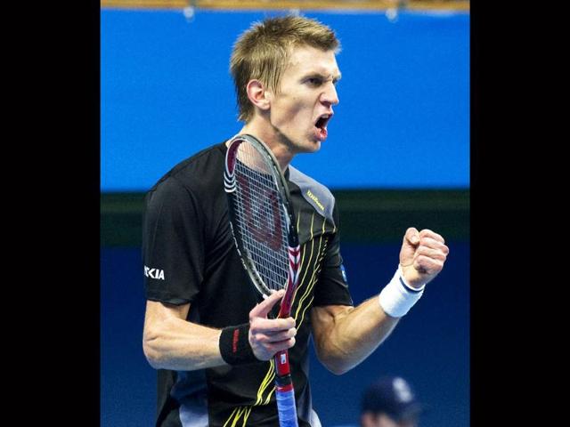 Finland's Jarkko Nieminen reacts during his semi-final match against James Blake of the United States at the Stockholm Open in Stockholm.