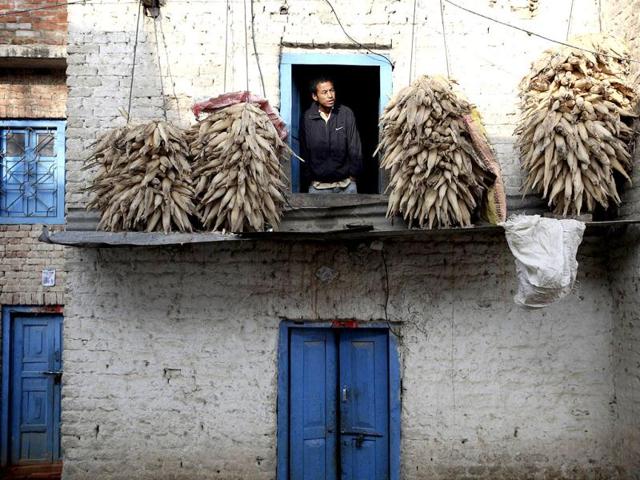 A man looks out from a window of his hilltop home in the early morning in Lalitpur.