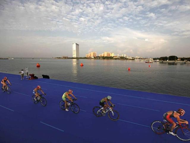 Athletes compete in the women's triathlon at the Pan American Games in Puerto Vallarta, Mexico.