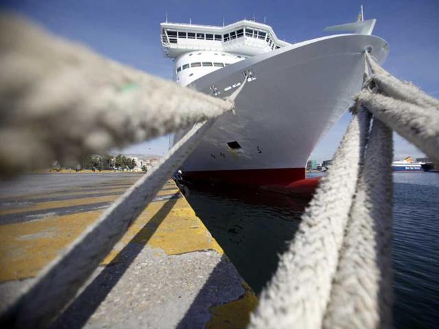 A docked ship sis tied up at the port of Piraeus during a seamen's strike against changes to their collective contracts.