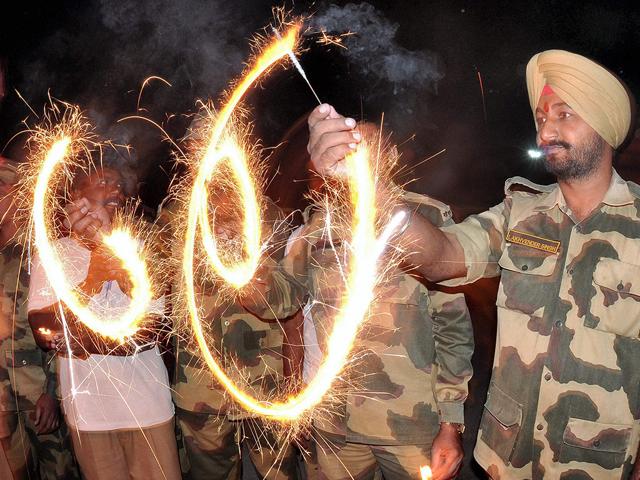 BSF jawans celebrate Diwali at their camp in Bikaner.