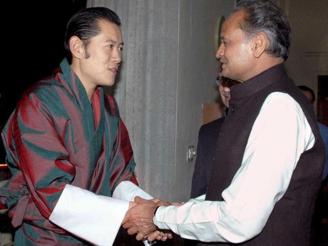 Bhutan King Jigme Khesar Namgyel Wangchuk meeting Rajasthan chief minister Ashok Gehlot in Jaipur on Thursday night during their three-day visit to the state.